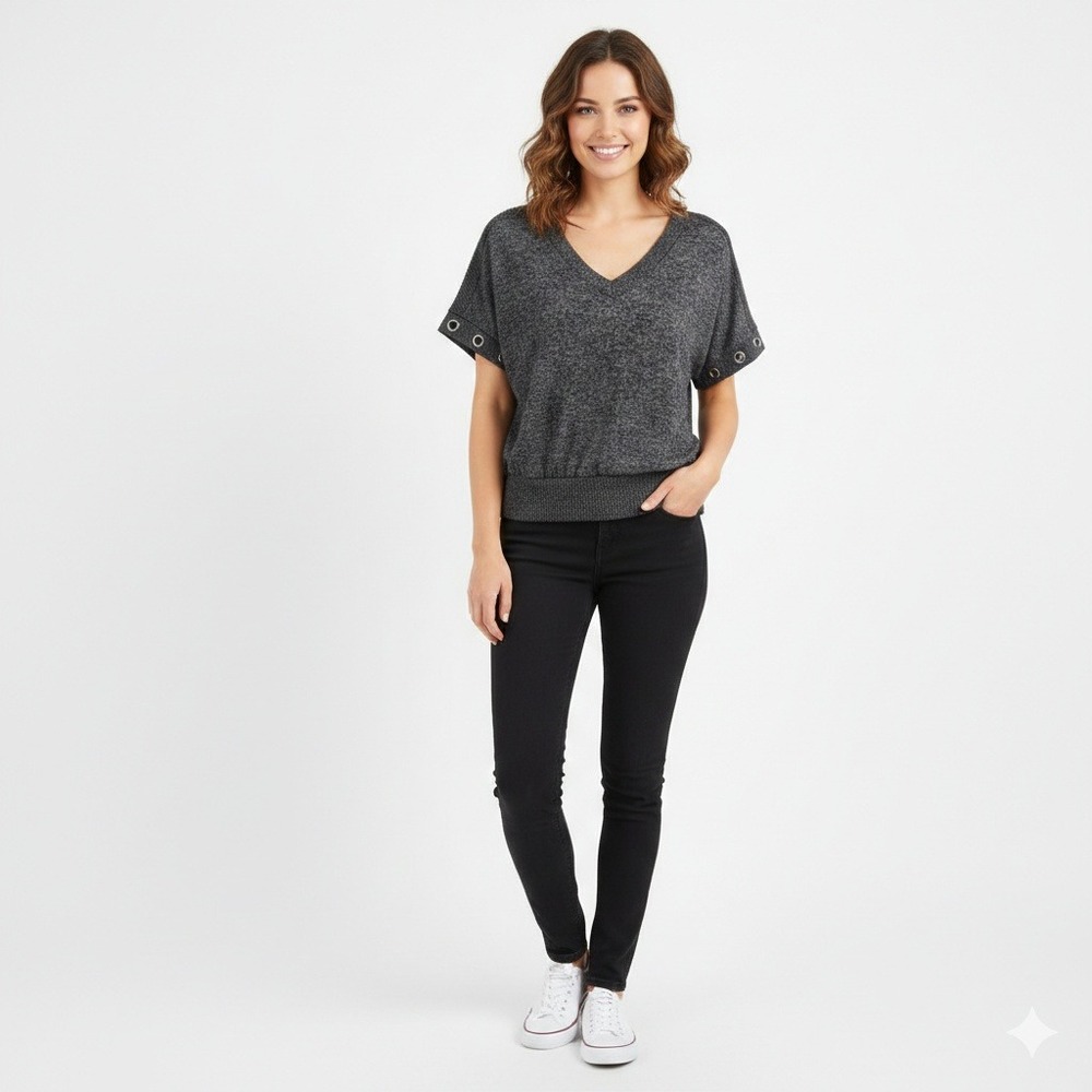 Parallel Skies Womens‎ V-Neck Marled Knit Top Charcoal Grey Grommet Sleeve